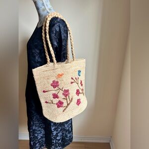 Handwoven Raffia Floral Straw Tote Bag - Butterfly Embroidery